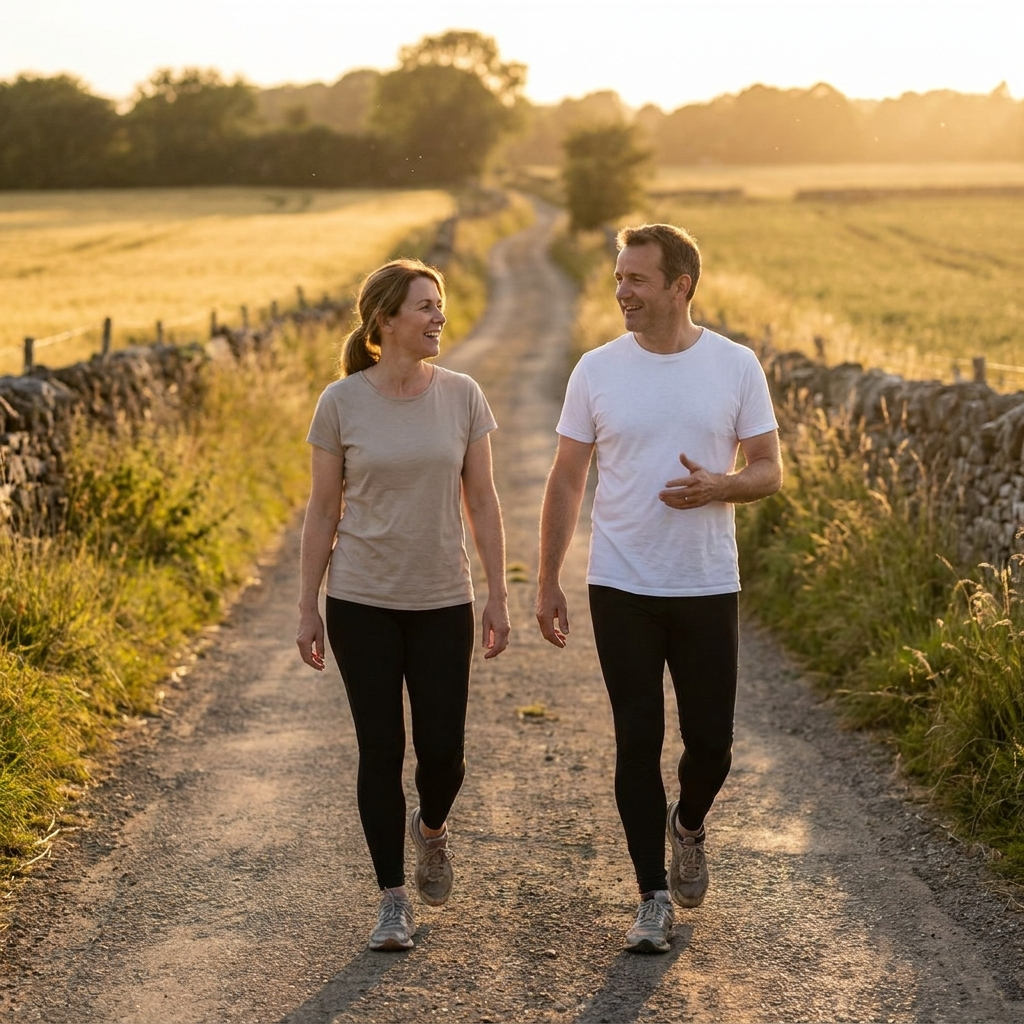 Two beginners on a quiet path at sunset